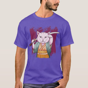 T-shirt Japonais Samurai Maneki Neko Cat Katana Bushido Ae