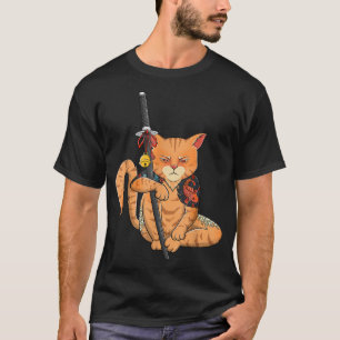 T-shirt Japonais Samurai Ninja Cat Kawaii Tattoo Graphique
