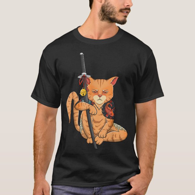 T-shirt Japonais Samurai Ninja Cat Kawaii Tattoo Graphique (Devant)