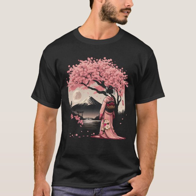 T-shirt Japonaise Geisha Girl Kimono Fuji Mont Cherry (Devant)