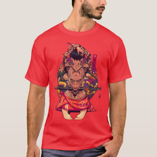 T-shirt Japonaise Samurai Girl et Vintage Sakura Cherry Bl