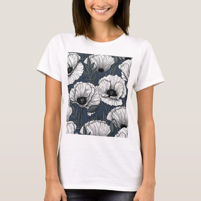 T-shirt Jardin de pavot blanc sur la marine (Devant)