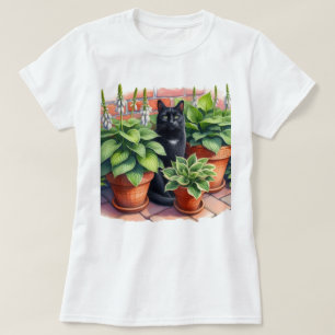 T-shirt Jardin d'Hosta et aquarelle de chat noir