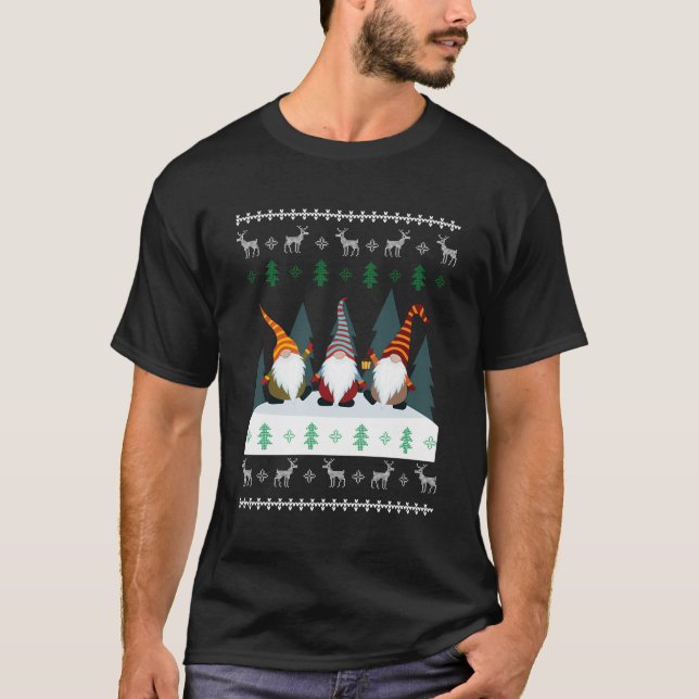 T-shirt Jardin mignon Gnomes Xmas Elf laide Noël longue sl (Devant)