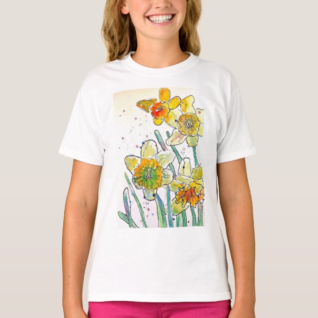 T-shirt Jaune jonquille aquarelle fille T chemise (Devant)