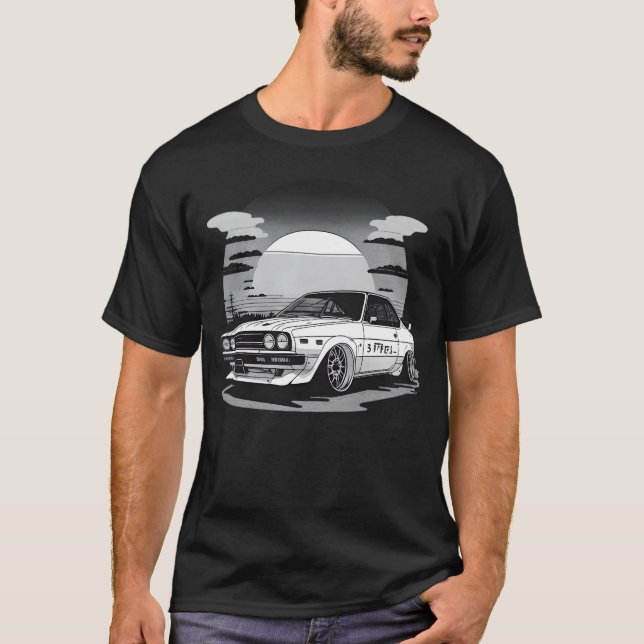 T-shirt JDM Retro Car and Sunset BW (Devant)
