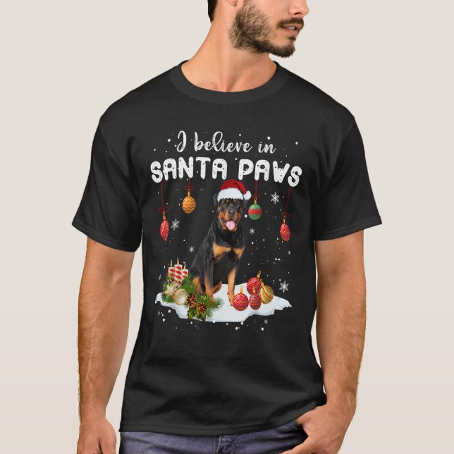T-shirt Je crois en Père Noël Paws Noël Rottweiler Noël (Devant)