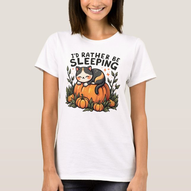 T-shirt Je préfère dormir - Chat confortable sur Citrouill (Devant)