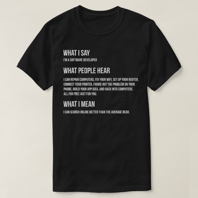 T-shirt Je suis un développeur de logiciels Ce que je dis  (Design devant)