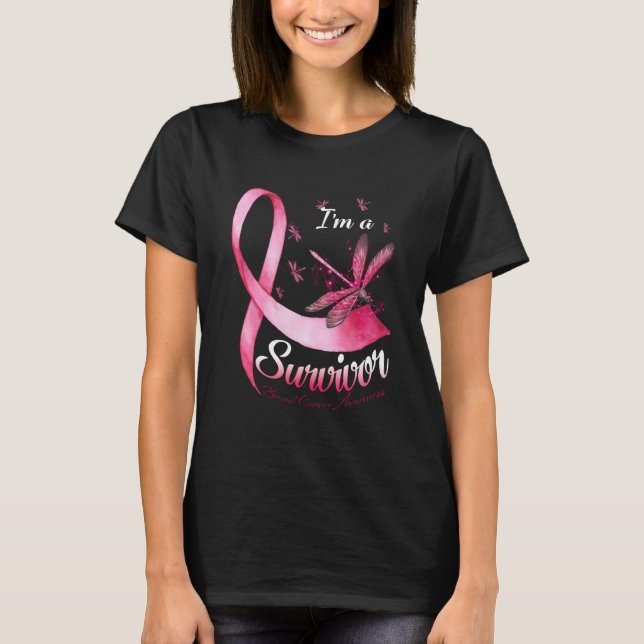 T-shirt Je suis Un Survivant Dragonfly Pink Ribbon Cancer  (Devant)