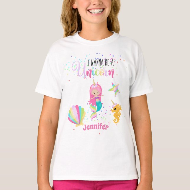 T-shirt Je Veux Être Une Sirène Rose D'Or Unicorne Filles (Devant)