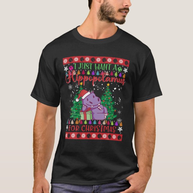 T-shirt Je veux juste un Hippopotame pour Noël Noël (Devant)