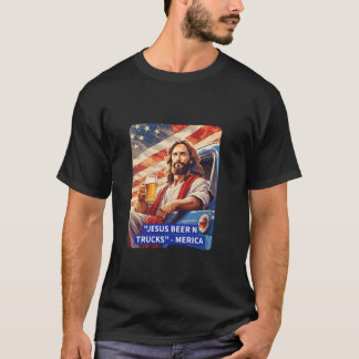 T-shirt Jesus Beer and Trucks Drapeau américain Drôle Funn