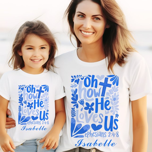 T-shirt Jésus Bleu Il Nous Aime Pâques Femmes Nom Personna (Jesus Blue He Loves Us Easter Womens Custom Name T-Shirt)