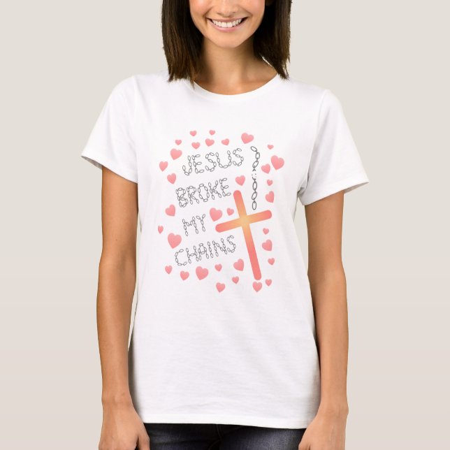 T-shirt Jésus Broke Mes Chaînes Peach Cross avec Coeurs (Devant)