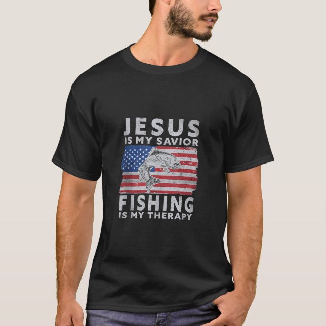 T-shirt Jésus Est Mon Sauveur Pêcher Est Ma Thérapie Drôle (Devant)