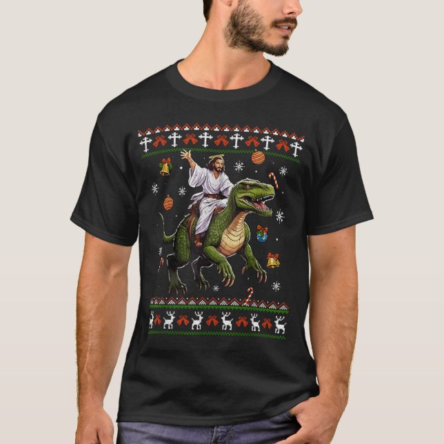 T-shirt Jesus Riding Dinosaur Funny Meme Ugly Christmas Sw (Devant)