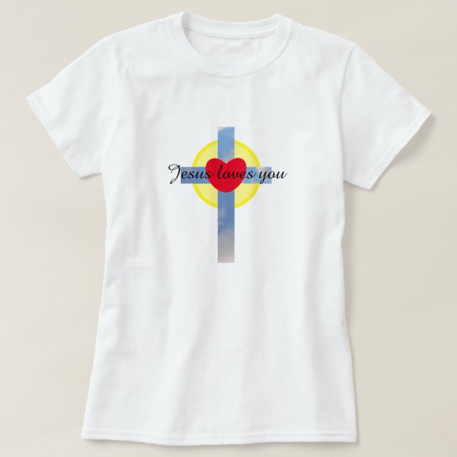 T-shirt Jésus t'aime Croix Bleue Nuageuse Coeur Soleil (Design devant)