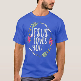 T-shirt Jésus vous aime avec cadre de fleurs rondes (1)