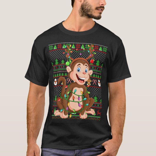 T-shirt Jeu de Noël moche style de sueur d'éclairage singe (Devant)