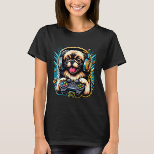 T-shirt Jeu vidéo casque Chien pékinois jeu 