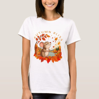 T-shirt Joie d'automne Mignonne petite souris avec feuille