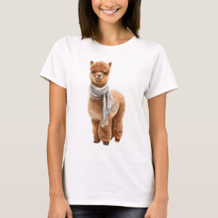 T-shirt Joli Alpaca Brun Portant une Écharpe Blanche