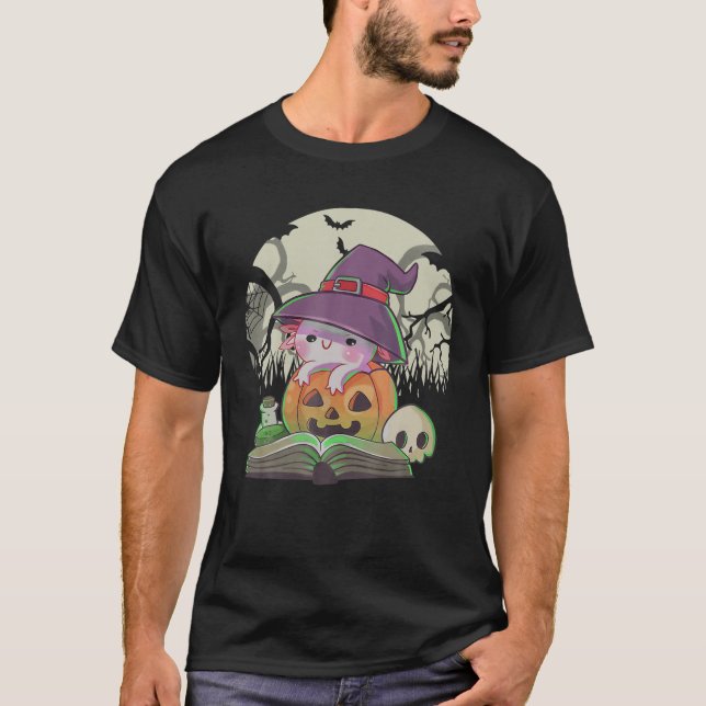 T-shirt Joli Axolotl Sorcière Lecture Livre Citrouille Hal (Devant)