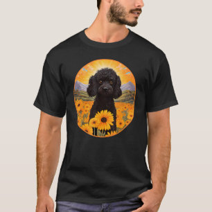 T-shirt Joli Caniche Noir Coucher de Soleil Montagne Fleur
