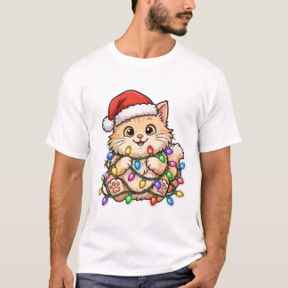 T-shirt Joli chat de Noël emmêlé dans les lumières - Drôle
