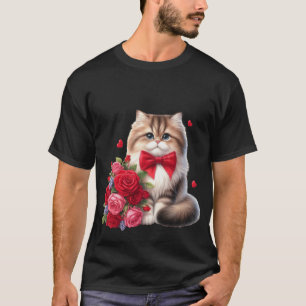 T-shirt Joli Chat Fluffy avec Bouquet de Roses Rouges Art 