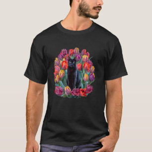 T-shirt Joli Chat Noir Caché dans les Fleurs de Printemps