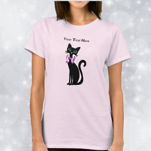 T-shirt Joli Chat Noir Féminin Yeux Verts Nœud Rose