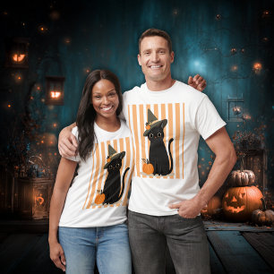 T-shirt Joli chat noir Halloween avec chapeau de sorcière 