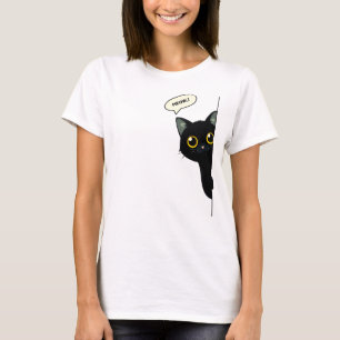 T-shirt Joli Chat Noir qui Regarde Autour du Coin Drôle
