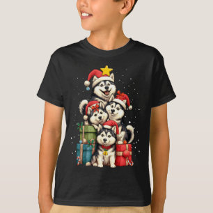T-shirt Joli chien husky sibérien Chapeau de Noël d'arbre