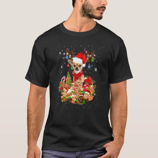 T-shirt Joli Chihuahua Reindeer Éclairage de Noël Père Noë (Devant)