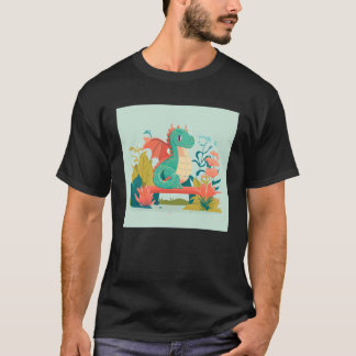 T-shirt Joli dragon vert assis sur un banc dans un jardin
