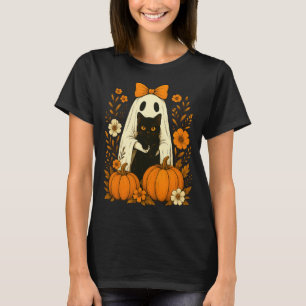 T-shirt Joli Fantôme Chat Noir Halloween Citrouille Groovy