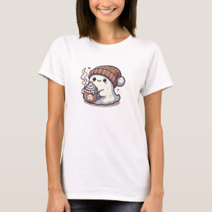 T-shirt Joli fantôme d'Halloween avec bonnet d'automne et