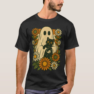 T-shirt Joli fantôme tenant un chat noir floral groovy drô
