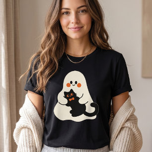 T-shirt Joli Fantôme Tenant un Chat Noir Halloween