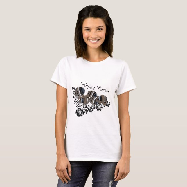 T-shirt Joli Oeufs de Pâques Noir Floral Motif tendance (Devant entier)
