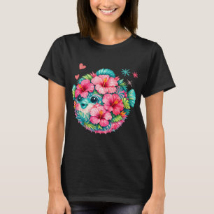 T-shirt Joli poisson-globe floral à l'aquarelle d'hibiscus