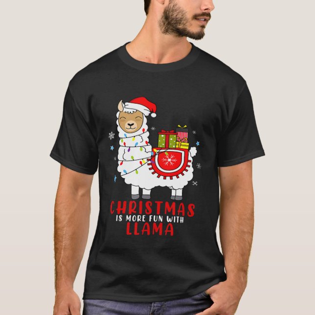 T-shirt Joli Pyjama Llama de Noël avec le Casquette du Pèr (Devant)