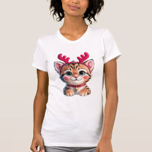 T-shirt Joli Renne Petit Chat Amusing Chat de Noël pour