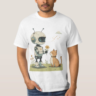 T-shirt Joli Robot Offrant une Fleur à un Chat, une Illust