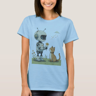 T-shirt Joli Robot Offrant une Fleur à un Chat, une Illust
