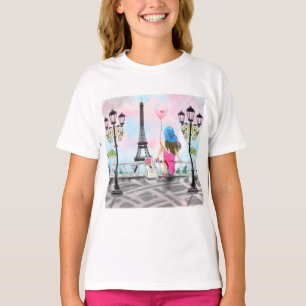 T-shirt Jolie dame au ballon de coeur rose - I Love Paris