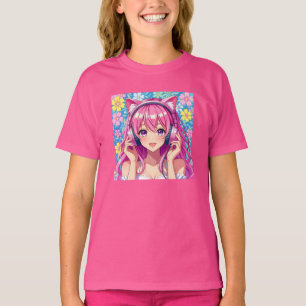 T-shirt Jolie Fille Anime Rose avec Écouteurs  